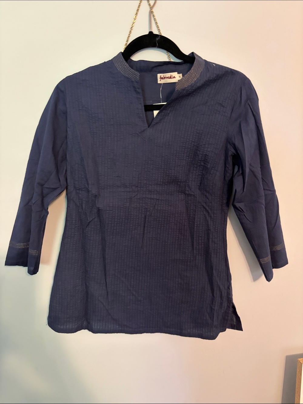 fabindia Navy Pintuck Cotton Kurta Top